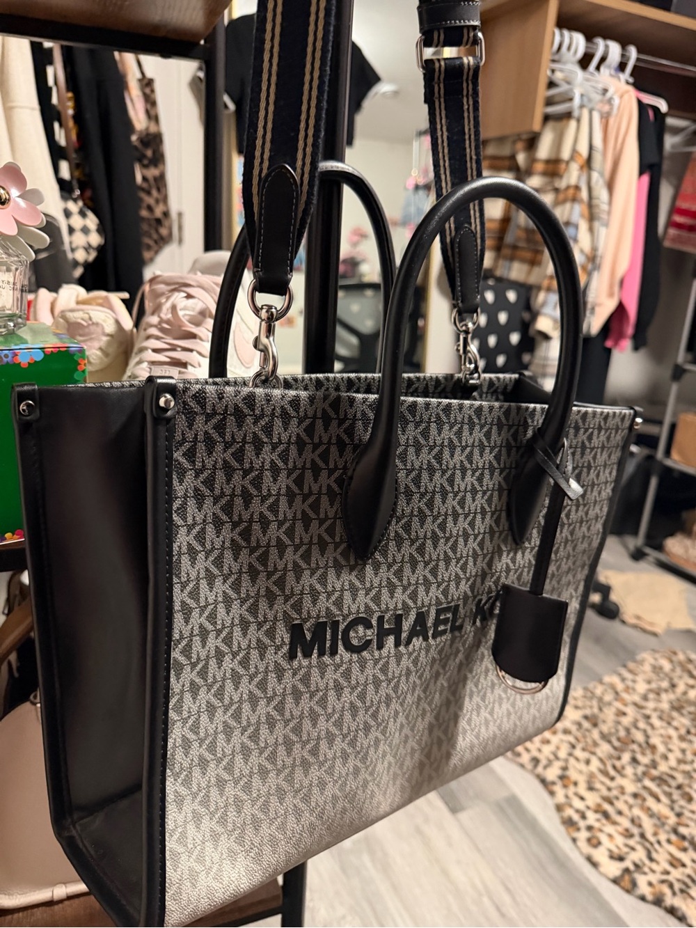Michael Kors Black and Gray Signature MK Canvas Tote with Top Handles